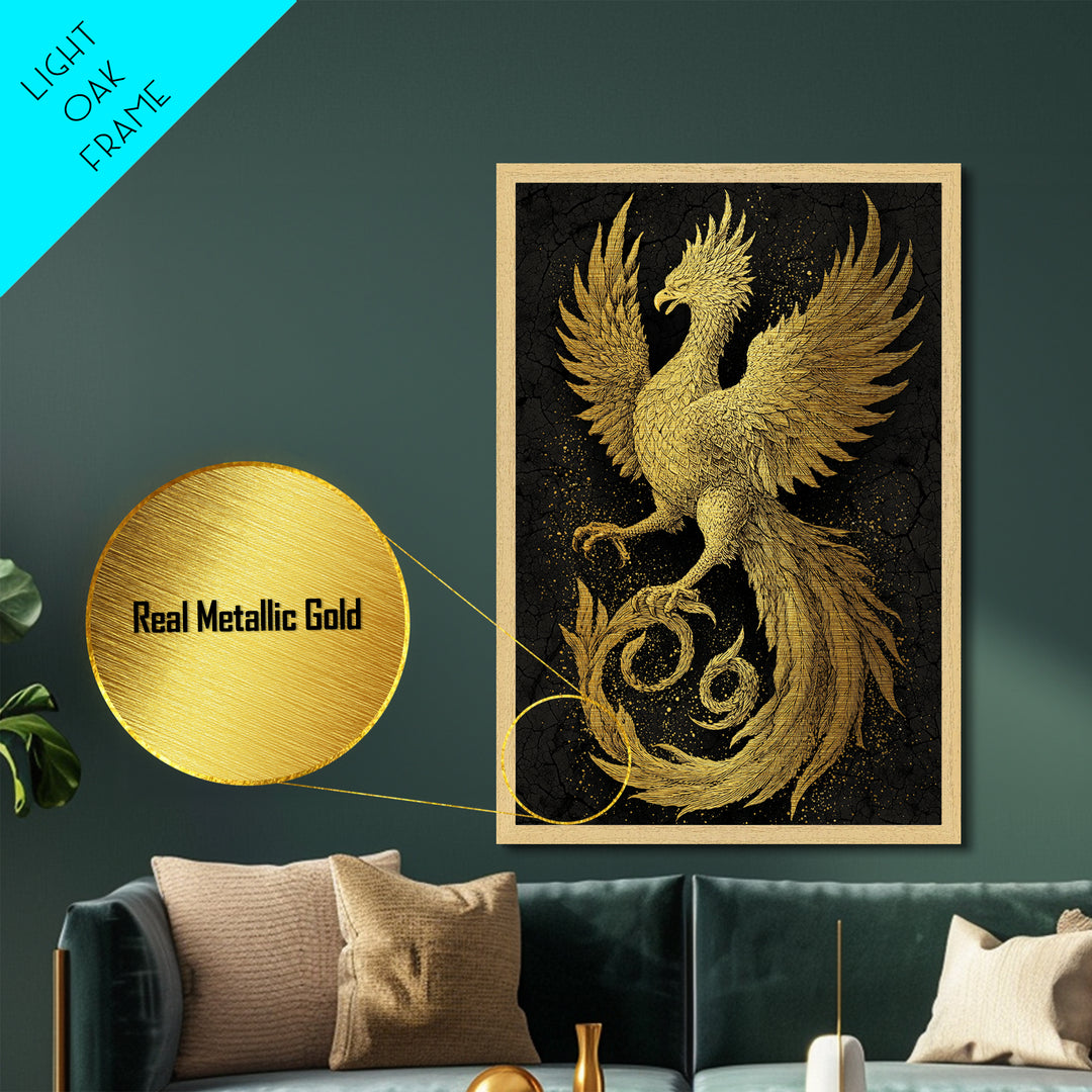 Golden Phoenix in Flight – A Herald of Renewal, Metal Art, Metallic Gold Print, Metal Wall Art, Man Cave Decor