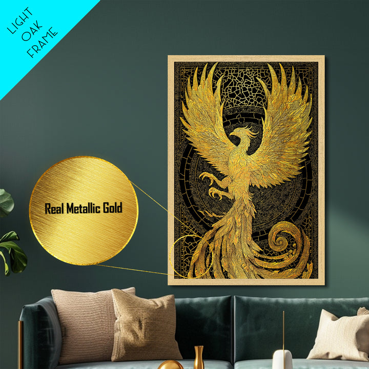 The Radiant Phoenix – Wings of Sunfire and Immortality, Metal Art, Metallic Gold Print, Metal Wall Art, Man Cave Decor