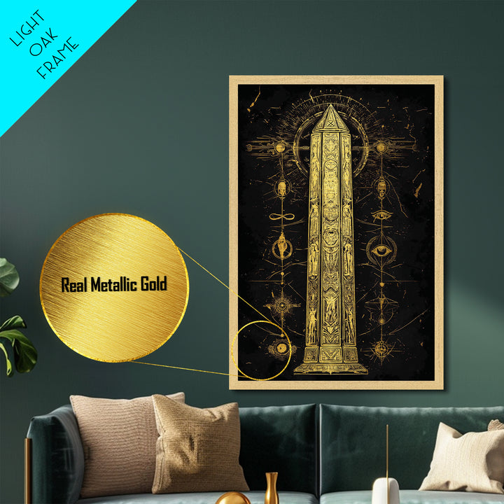 The Obelisk of Secrets – Symbols of the Eternal Order, Metal Art, Metallic Gold Print, Metal Wall Art, Man Cave Decor