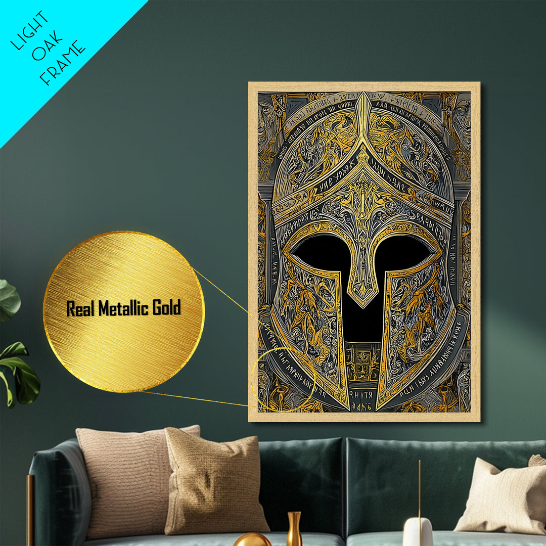 Fiery Engraved Spartan Helmet Wall Print – Metallic Gold Art, Lavish Historical Helmet Metal Art, Classic War Decor