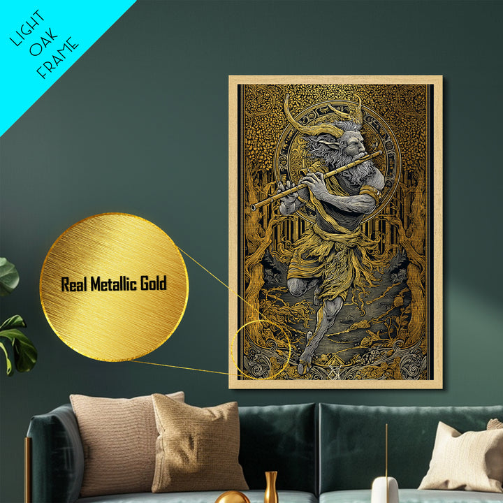 Pan’s Lament – The Wild God’s Song Through the Golden Grove, Metal Art, Metallic Gold Print, Metal Wall Art, Man Cave Decor