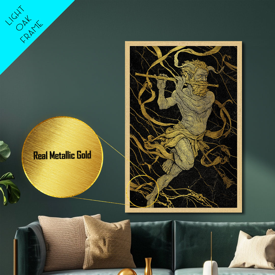 Greek God Pan Playing Flute – Metallic Gold Metal Print – Mythology Wall Art with Real Wood Frame for Classical Home Decor