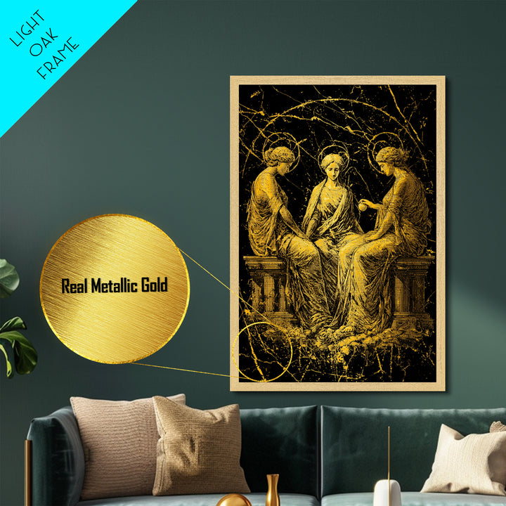 The Three Graces – Metallic Gold Metal Print – Greek Goddess Wall Art with Real Wood Frame for Elegant Classical Room Decor