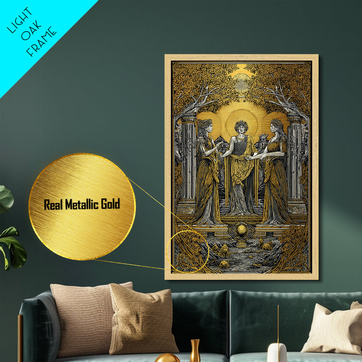 Greek Goddesses in Golden Garden – Metallic Gold Metal Print – Classical Mythology Wall Art with Real Wood Frame