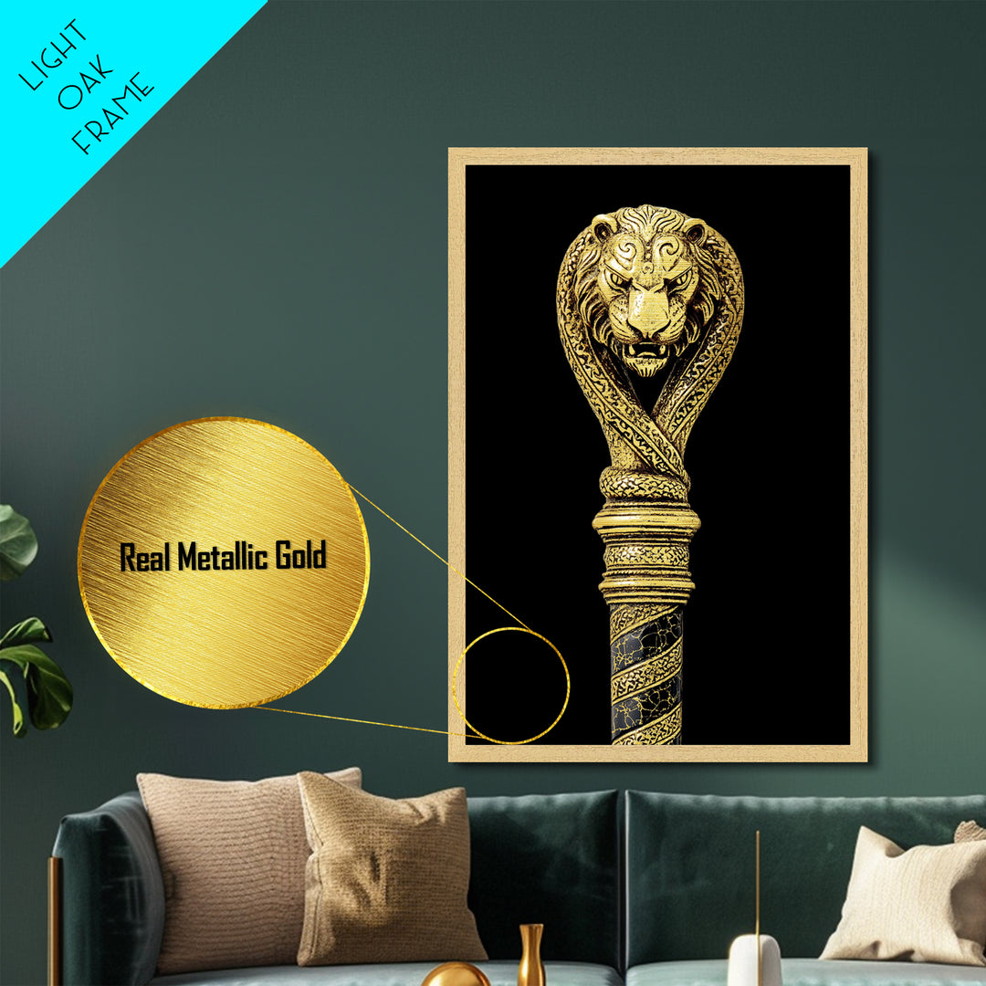 Lion and Serpent Staff Head – Metallic Gold Metal Print – Ancient Weapon Design Art with Real Wood Frame for Bold Wall Decor