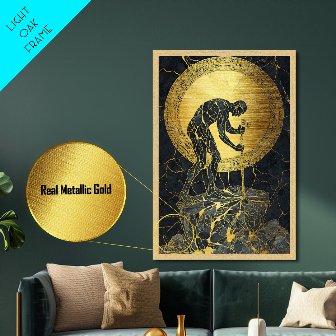 Man with Sword and Sun – Metallic Gold Metal Print – Heroic Mythology Wall Art with Real Wood Frame for Powerful Home Accent
