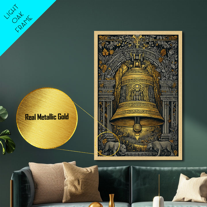 Ornate Golden Bell with Wolves – Metallic Gold Metal Print – Fantasy Architectural Wall Art with Real Wood Frame
