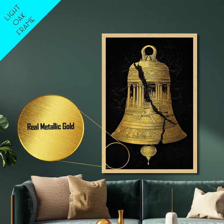 Cracked Temple Bell – Metallic Gold Metal Print – Ancient Ruins Wall Art with Real Wood Frame for History and Myth Lovers