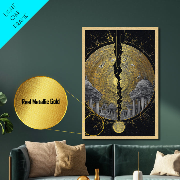 Cracked Golden Mandala Temple – Metallic Gold Metal Print – Intricate Ancient Architecture Wall Art with Real Wood Frame