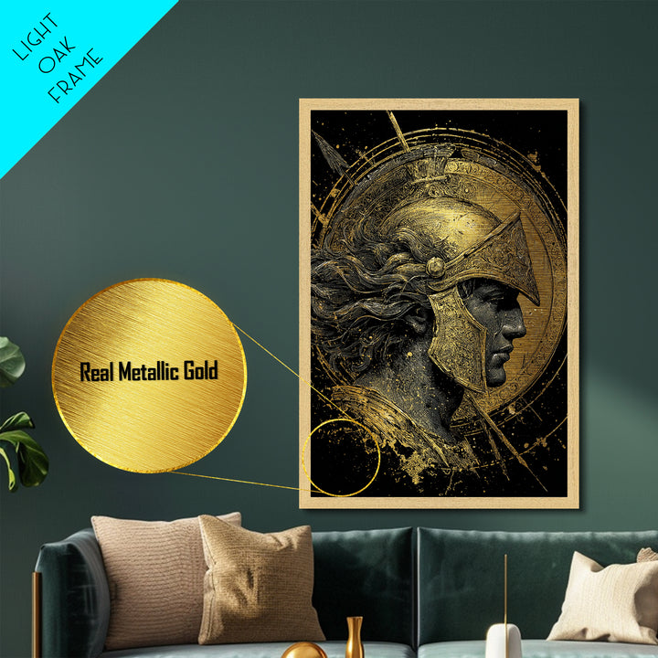 Greek Warrior Profile, Metallic Gold Metal Print, Ancient Mythology Wall Art, Real Wood Frame Decor, Luxury Hero Artwork