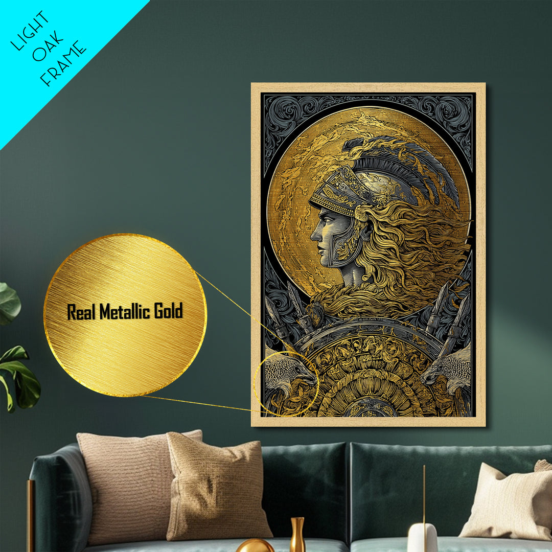 Athena Greek Goddess, Metallic Gold Art, Warrior Helmet Metal Print, Real Wood Frame Decor, Ancient Mythology Wall Artwork