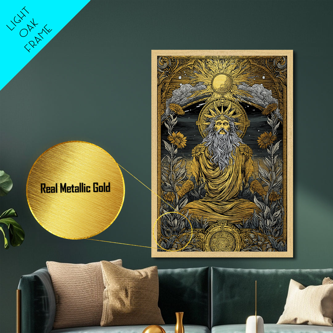 Greek Sun God Illustration, Metallic Gold Metal Print, Mythology Wall Art, Real Wood Frame Decor, Luxury Ancient Artwork