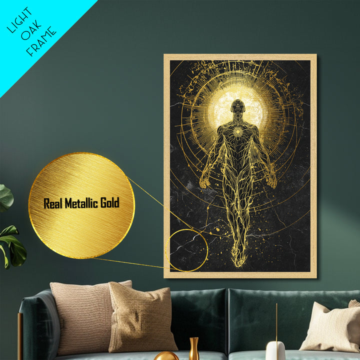 Divine Ascension Figure, Metallic Gold Art, Mythology Wall Print, Real Wood Frame Decor, Ancient Greek Inspired Metal Artwork