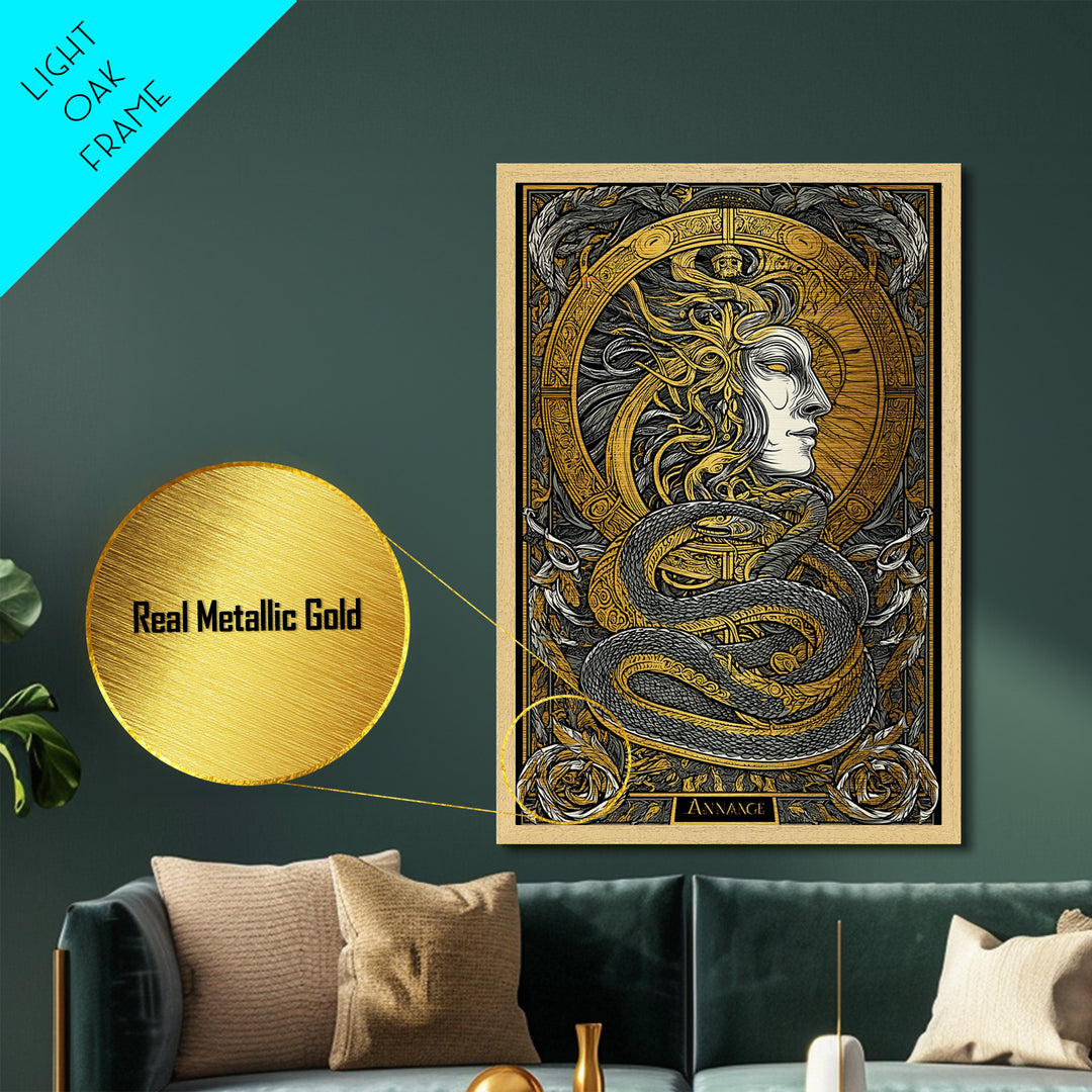 Ananke Greek Goddess Metallic Gold Metal Print, Destiny And Fate Mythology Artwork, Real Wood Framed Decorative Wall Art