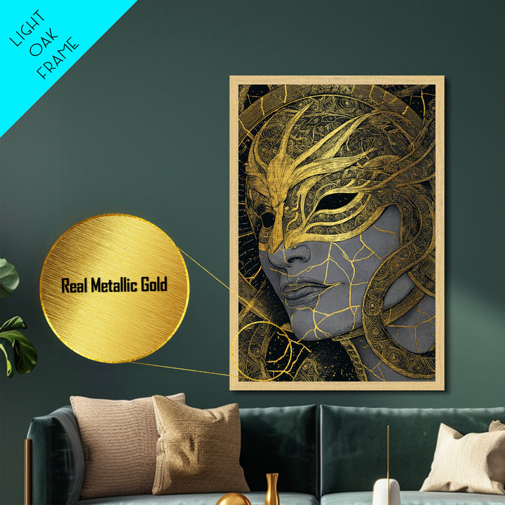 Ananke Mythological Metallic Gold Metal Print, Greek Goddess Of Inevitability Artwork, Real Wood Frame Wall Art Decoration