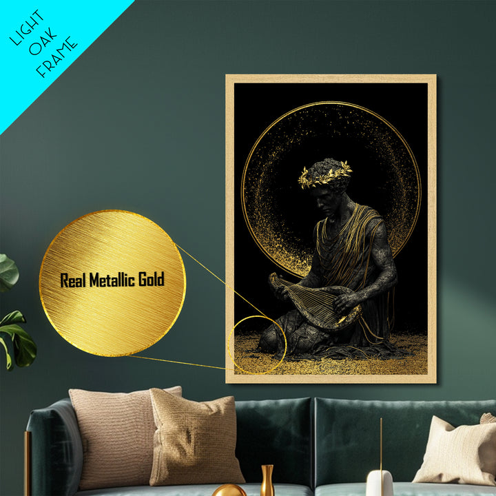 Apollo God Of Music Metallic Gold Metal Print, Greek Mythology Art With Lyre, Real Wood Framed Classical Decorative Wall Art
