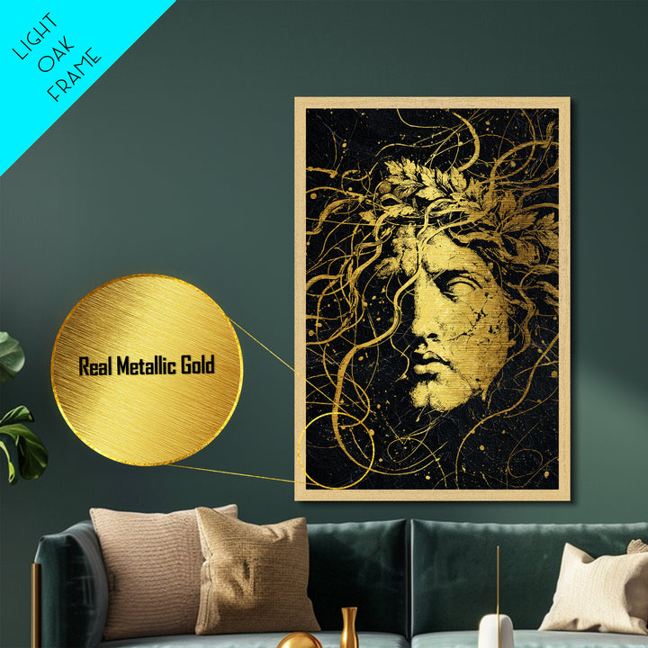 Apollo Greek Statue Metallic Gold Metal Print, Mythological Music And Light Inspired Art, Real Wood Framed Wall Decoration