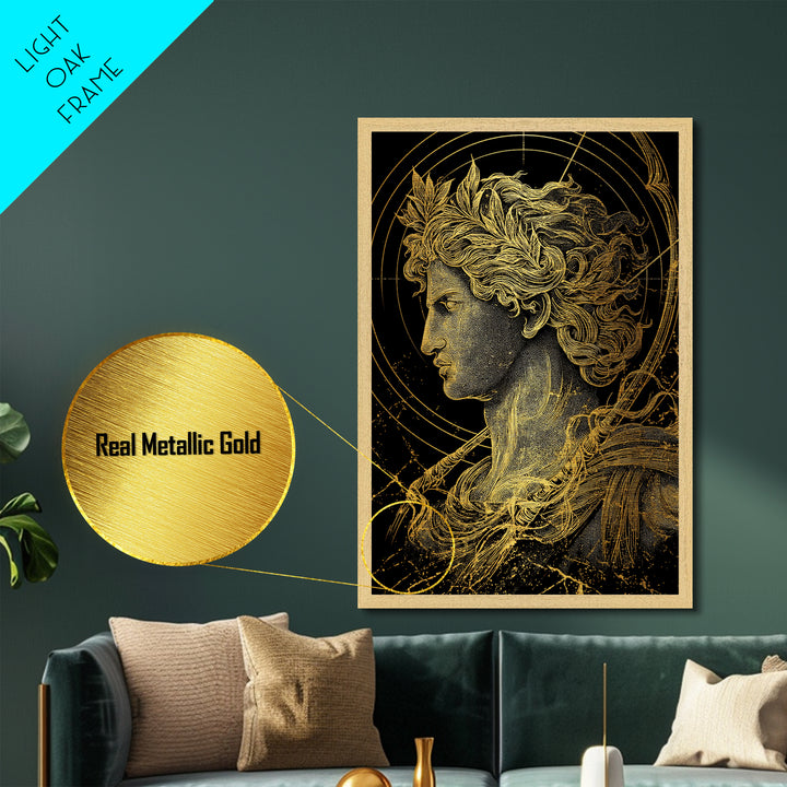 Apollo God Of Light Metallic Gold Metal Print, Classical Greek Mythology Artwork, Real Wood Frame Decorative Ancient Wall Art