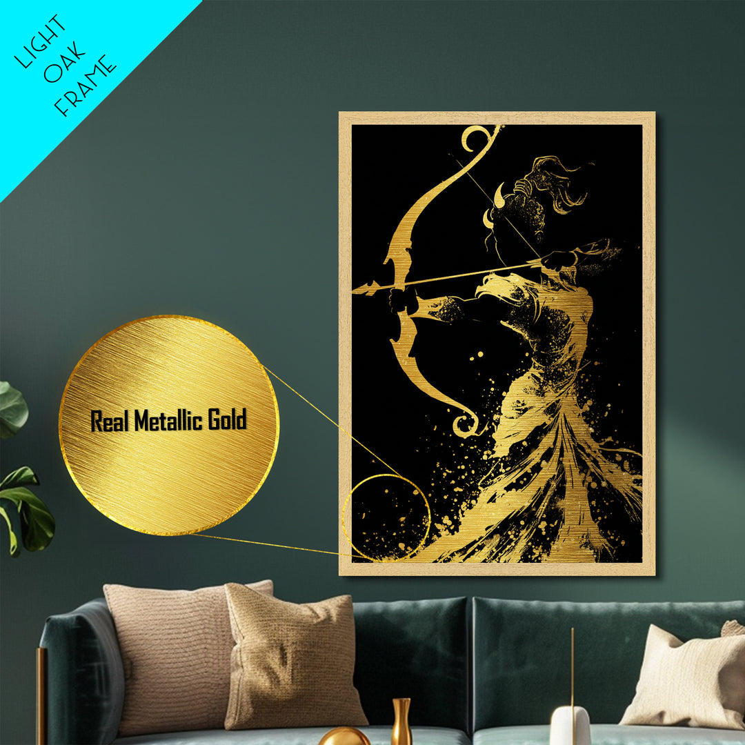 Artemis Goddess Metallic Gold Metal Print, Greek Mythology Archer Huntress Artwork, Real Wood Framed Ancient Decorative Wall Art
