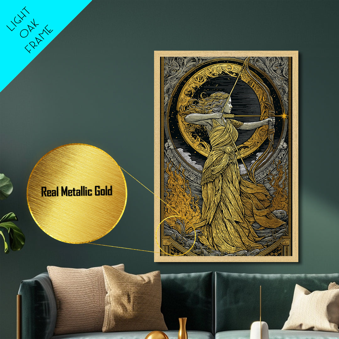 Artemis Greek Goddess Metallic Gold Metal Print, Bow And Arrow Mythology Inspired Artwork, Real Wood Frame Decorative Wall Art
