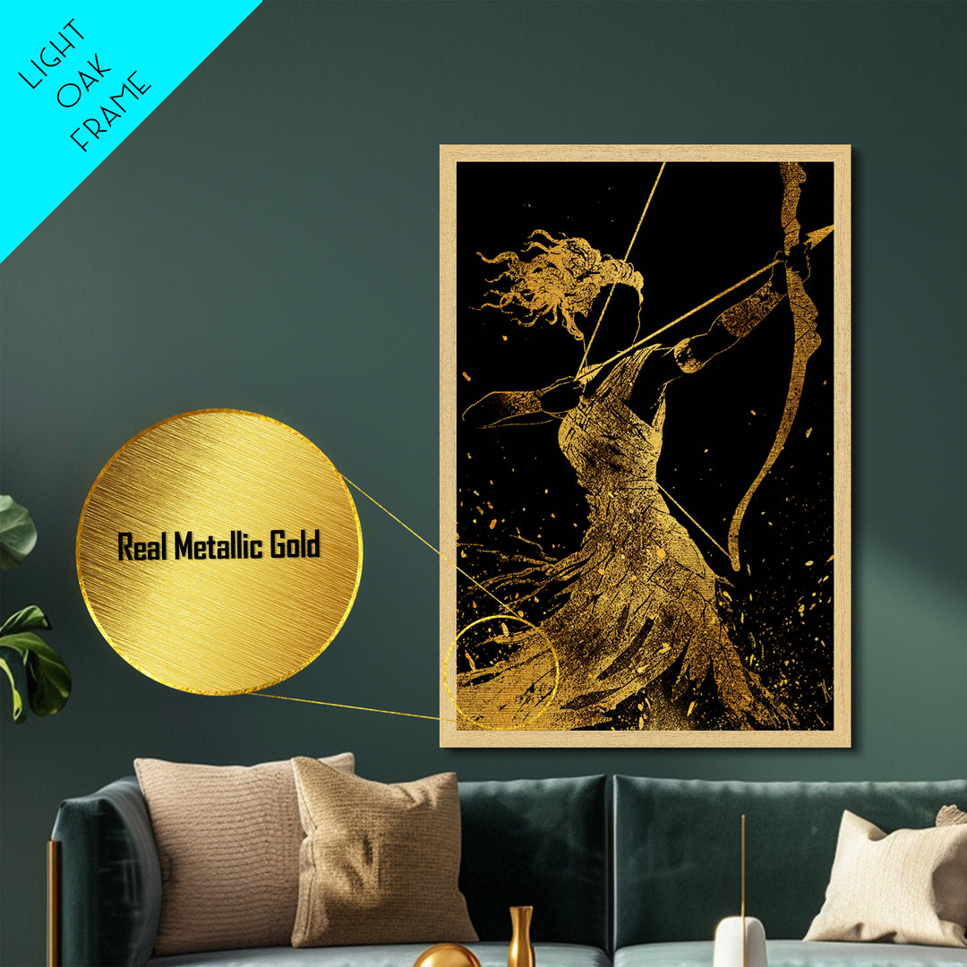 Artemis Archer Goddess Mythology, Metallic Gold Metal Print, Real Wood Frame, Greek Myth Wall Art, Celestial Home Decor