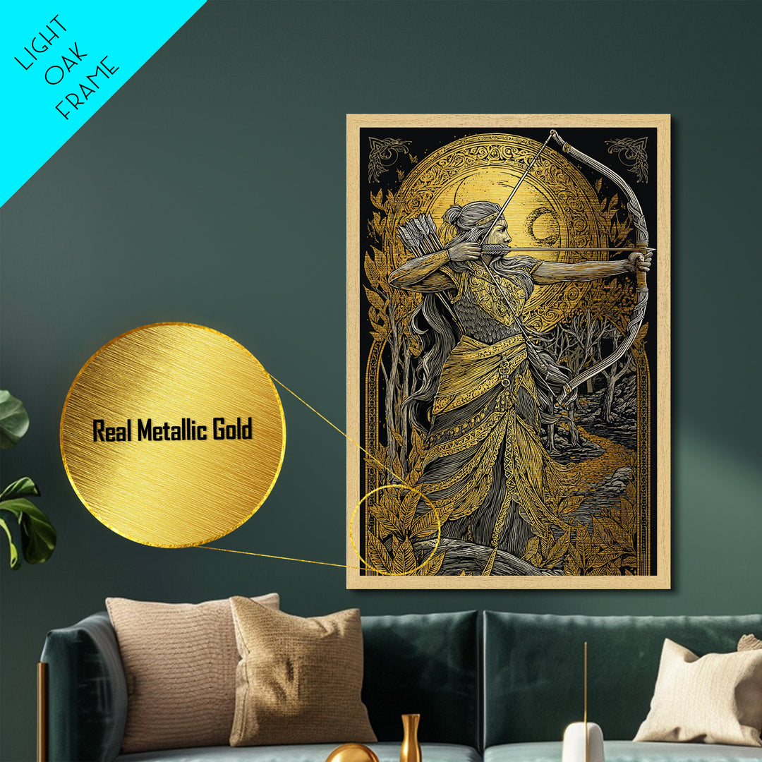 Artemis Moonlit Huntress With Bow, Metallic Gold Art, Real Wood Framed Print, Greek Goddess Wall Decor, Mythology Artwork