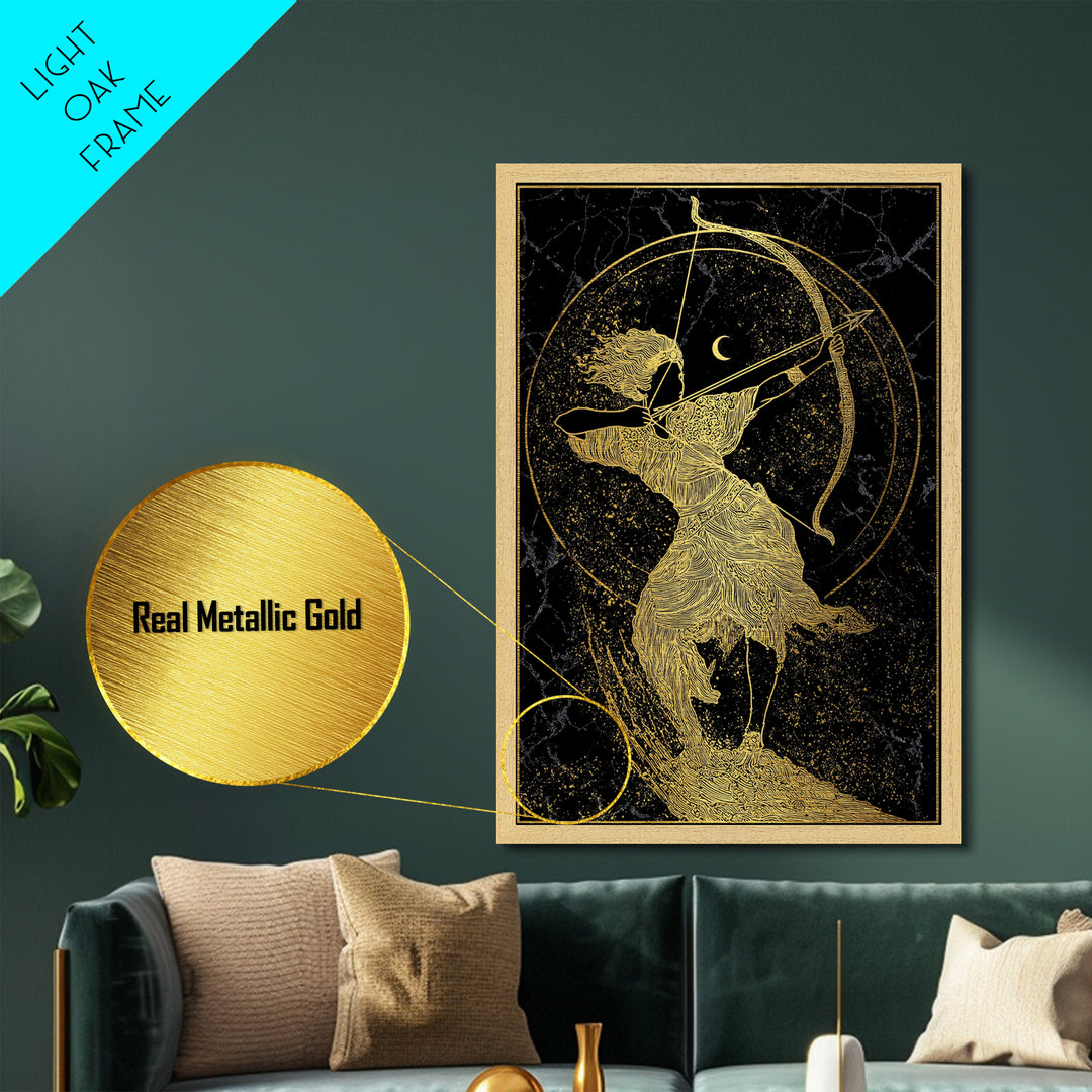 Divine Archer Artemis Illustration, Metallic Gold Metal Print, Real Wood Frame, Greek Goddess Wall Hanging, Myth Art Decor