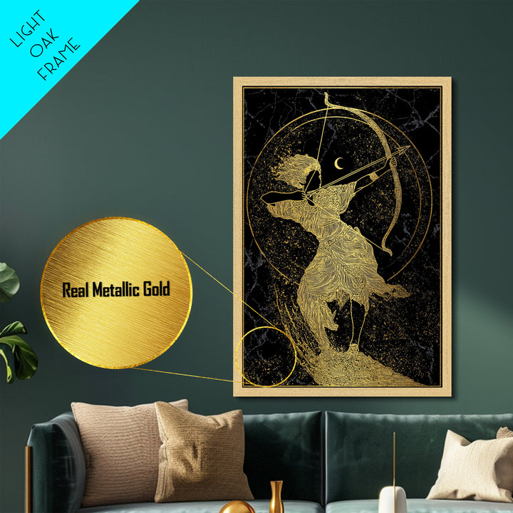 Divine Archer Artemis Illustration, Metallic Gold Metal Print, Real Wood Frame, Greek Goddess Wall Hanging, Myth Art Decor