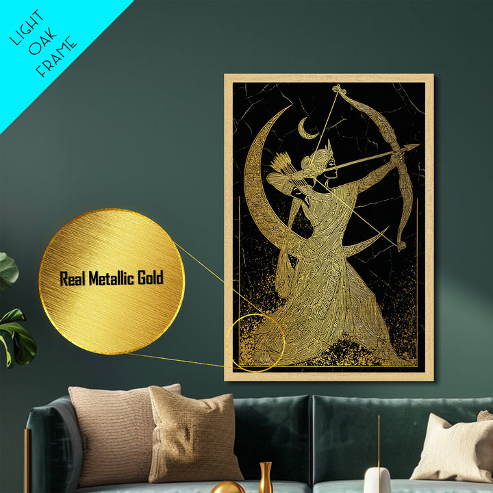 Artemis Lunar Goddess Archery Scene, Metallic Gold Art Print, Real Wood Frame, Mythology Wall Art, Elegant Greek Decor