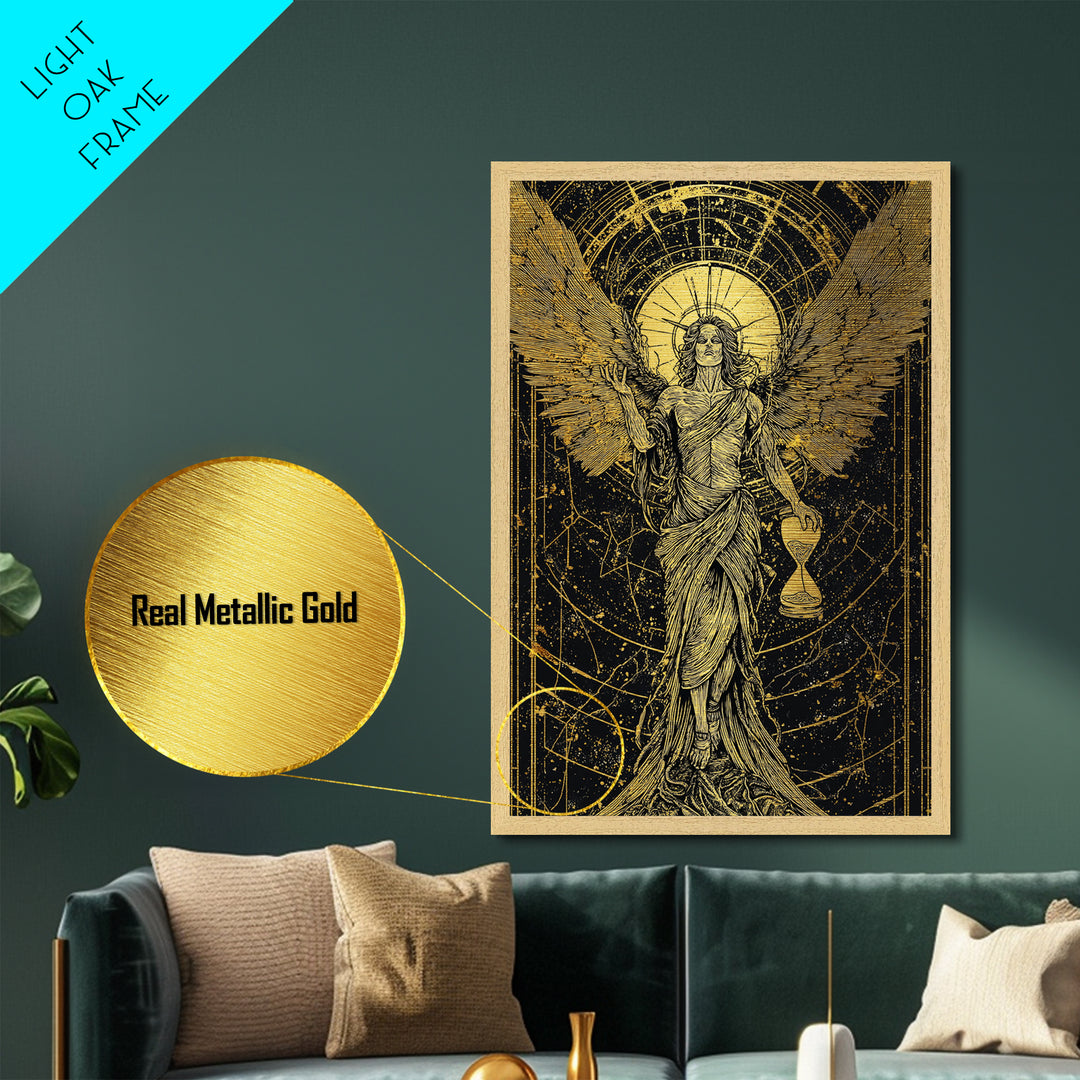 Astraeus God Of Dusk Mythological Figure, Metallic Gold Metal Print, Real Wood Frame, Greek Titan Wall Decor, Celestial Art