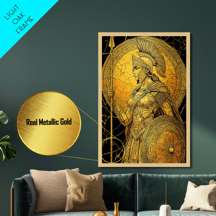 Athena Warrior Goddess With Spear And Shield, Metallic Gold Metal Print, Real Wood Frame, Greek Myth Wall Art, Strength Decor