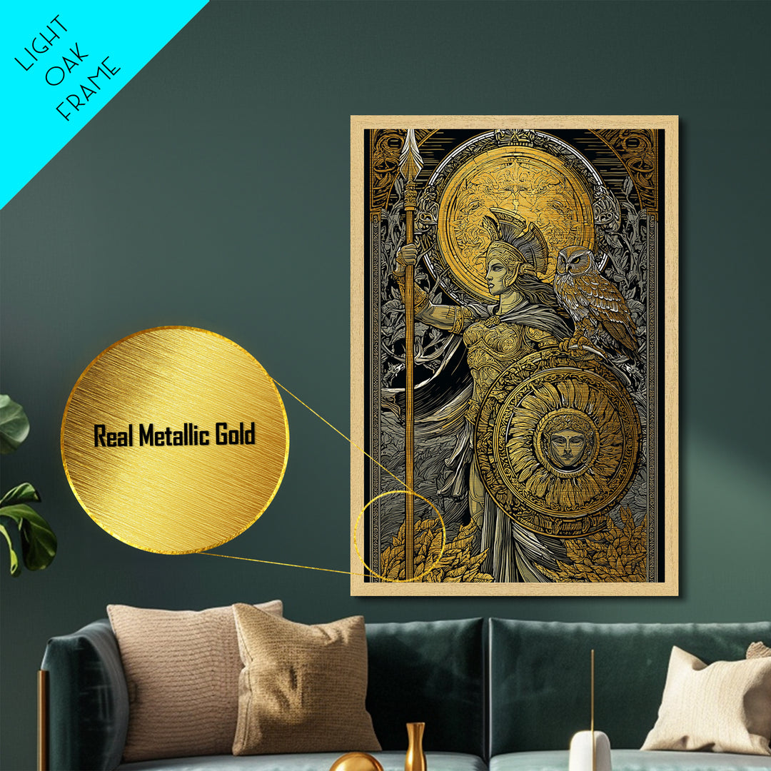 Athena With Owl Wisdom Goddess Art, Metallic Gold Art Print, Real Wood Frame, Greek Mythology Wall Hanging, Protection Decor