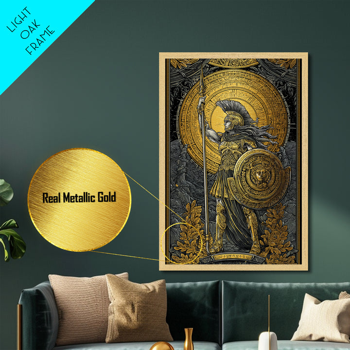 Athena Goddess Of War And Wisdom, Metallic Gold Metal Print, Real Wood Frame, Greek Warrior Wall Art, Mythology Inspired Decor