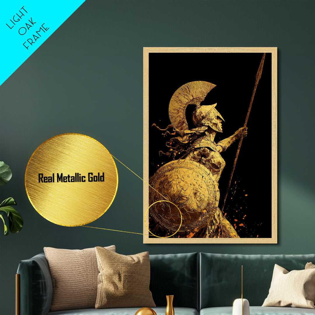 Athena Warrior Goddess With Spear And Shield, Metallic Gold Metal Print, Real Wood Frame, Greek Mythology Wall Art