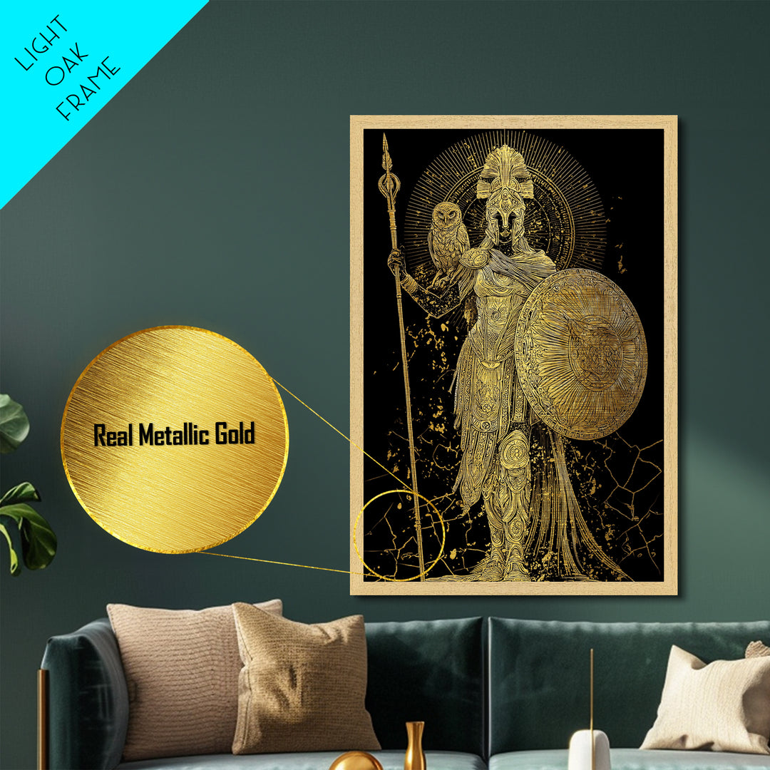 Athena With Owl And Shield Of Wisdom, Metallic Gold Art Print, Real Wood Frame, Ancient Greek Mythology Warrior Decor