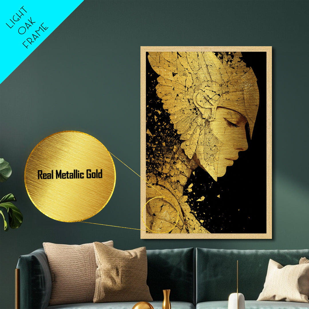 Athena Close Up Portrait In Armor, Metallic Gold Metal Print, Real Wood Frame, Greek Goddess Warrior Mythology Wall Art