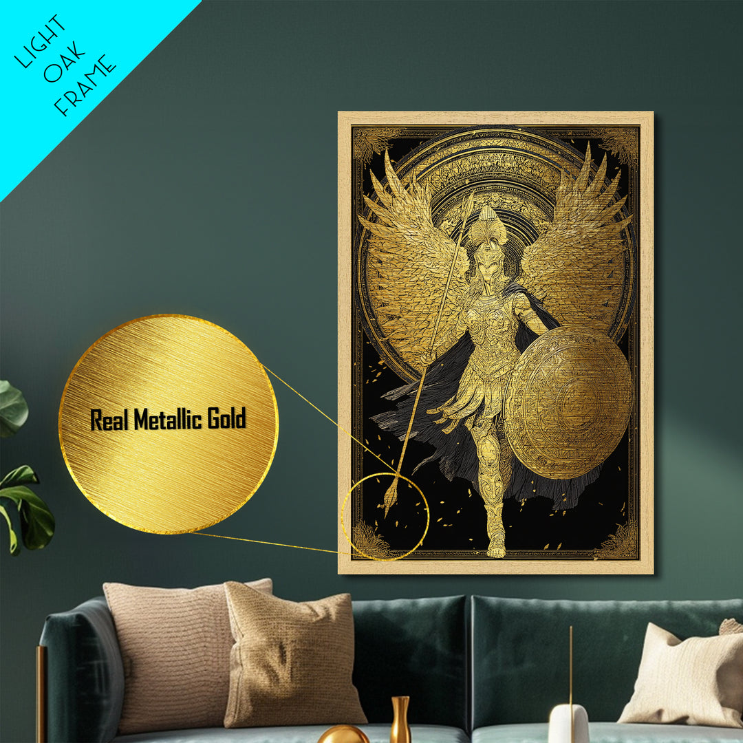Athena Winged Warrior Goddess With Shield, Metallic Gold Art Print, Real Wood Frame, Greek Mythology Goddess Wall Decor