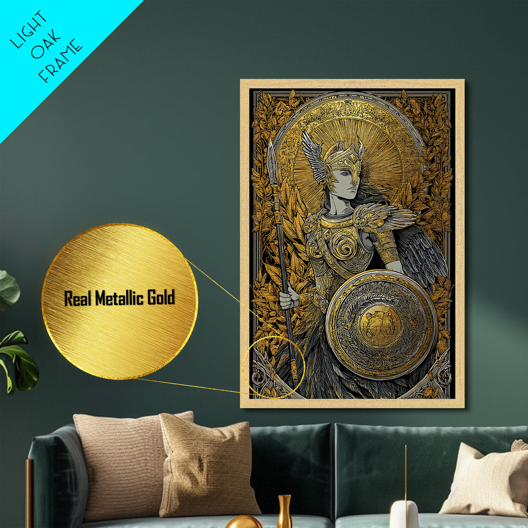 Athena Goddess Of Wisdom With Spear, Metallic Gold Metal Print, Real Wood Frame, Greek Mythology Warrior Goddess Art