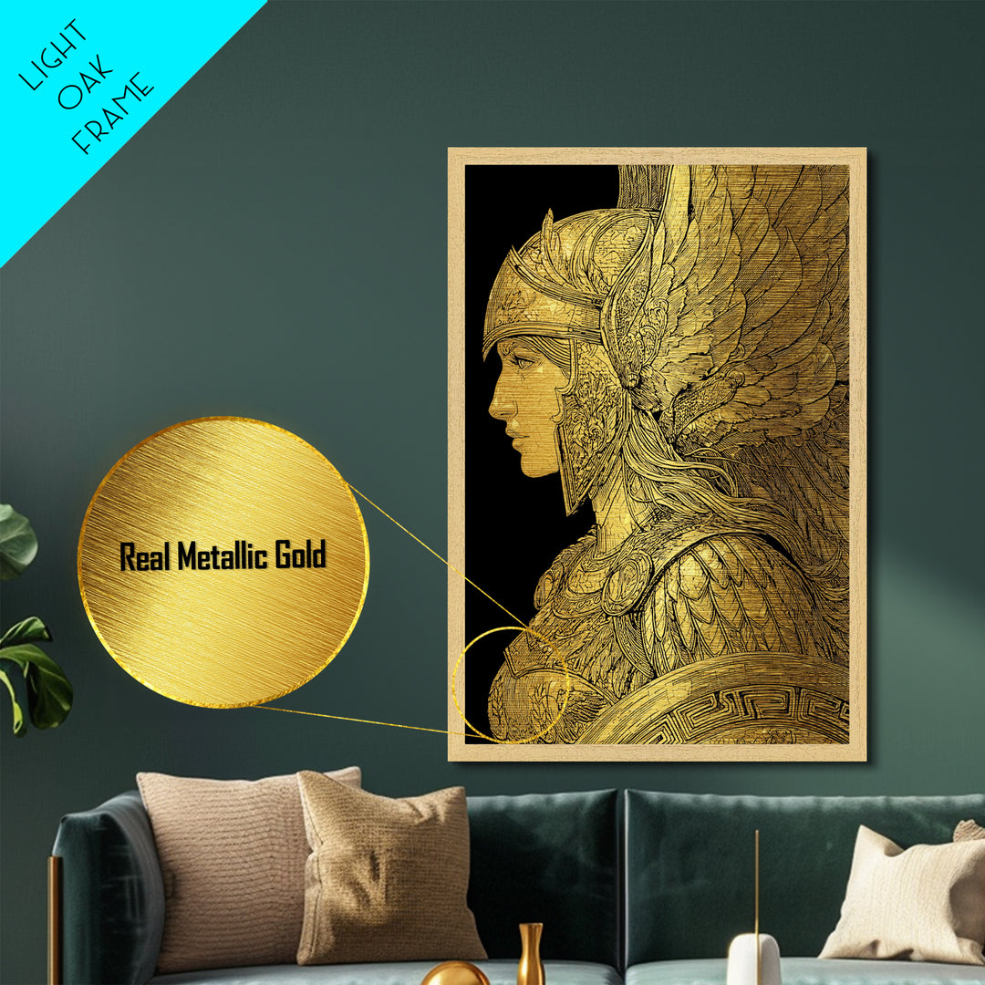 Athena Warrior Goddess Profile With Wings, Metallic Gold Art Print, Real Wood Frame, Greek Mythology Goddess Wall Art