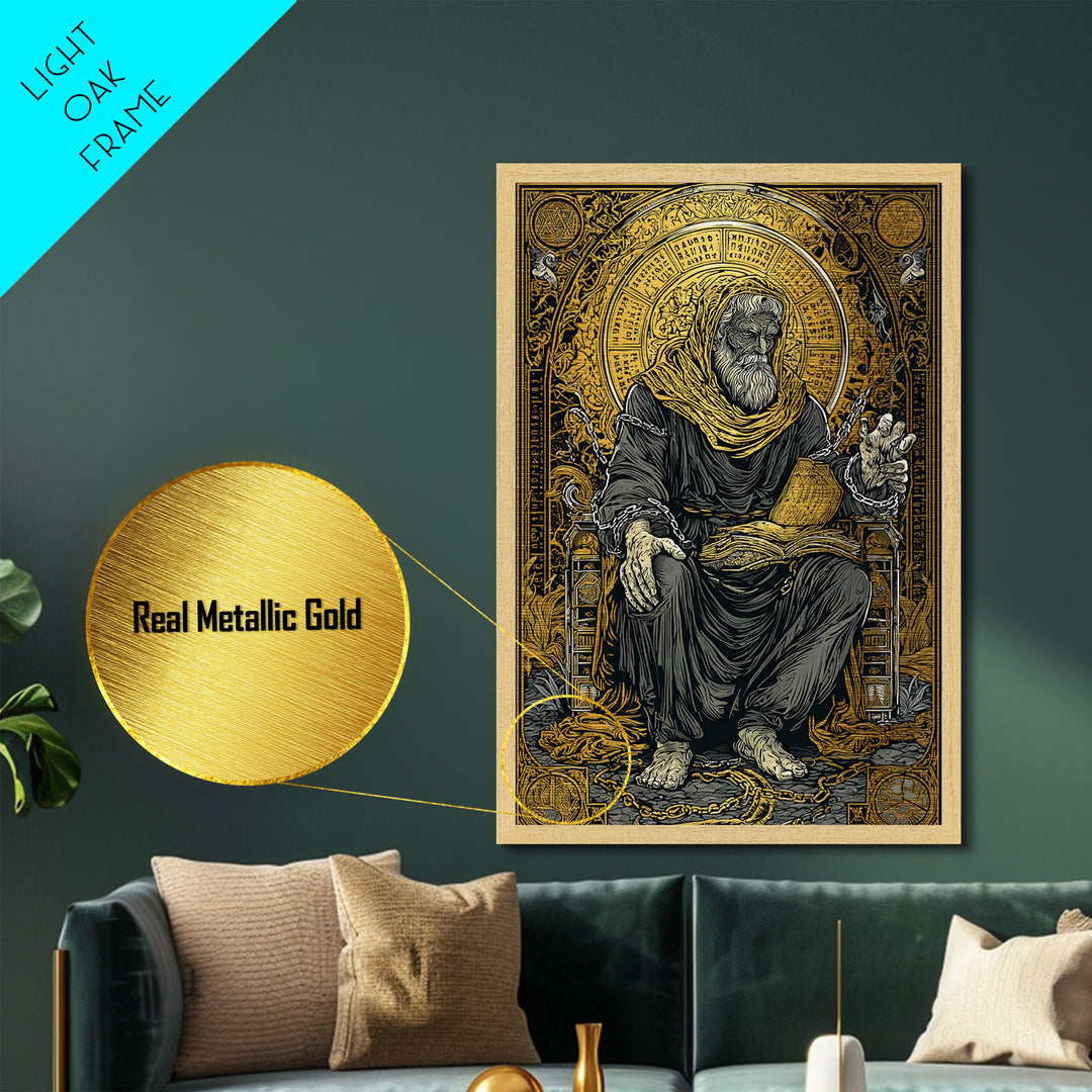 Boethius Philosopher With Ancient Manuscript, Metallic Gold Metal Print, Real Wood Frame, Medieval Wisdom Wall Decor