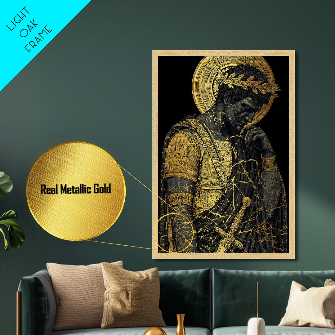Brutus Roman Leader With Laurel Wreath, Metallic Gold Art Print, Real Wood Frame, Ancient Roman History Warrior Wall Art