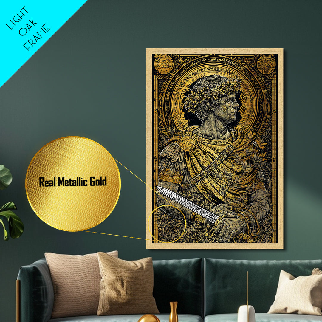 Brutus Stoic Roman General With Sword, Metallic Gold Metal Print, Real Wood Frame, Ancient Roman History Philosopher Art