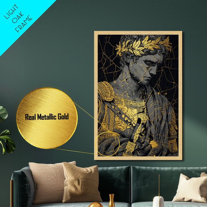 Roman Emperor Bust With Laurel Crown, Metallic Gold Metal Print, Classical Sculpture Wall Art, Real Wood Frame Home Decor