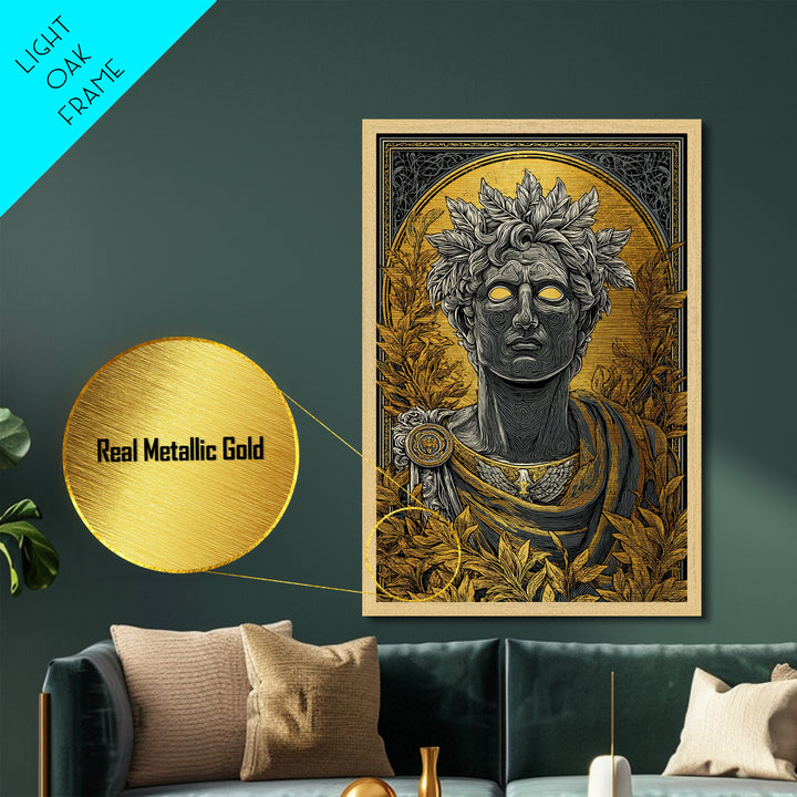 Apollo God Bust Surrounded By Laurel Leaves, Metallic Gold Art Print, Greek Mythology Wall Decor, Real Wood Frame Artwork