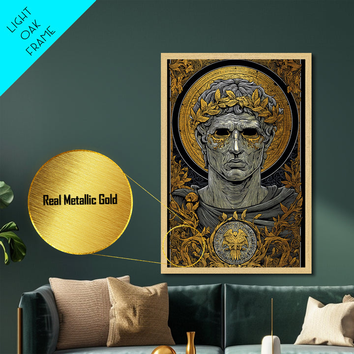 Caesar Inspired Roman Bust, Metallic Gold Metal Print, Ancient Rome Decorative Wall Art, Mythology Style, Real Wood Frame