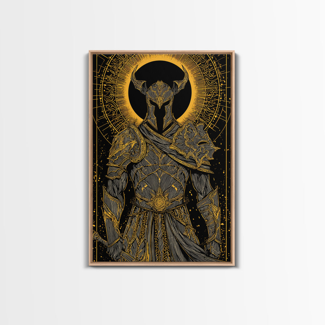 Warrior In Ornate Armor With Glowing Halo, Canvas Gold Canvas Print, Medieval Fantasy Knight Artwork, Real Wood Frame Decor