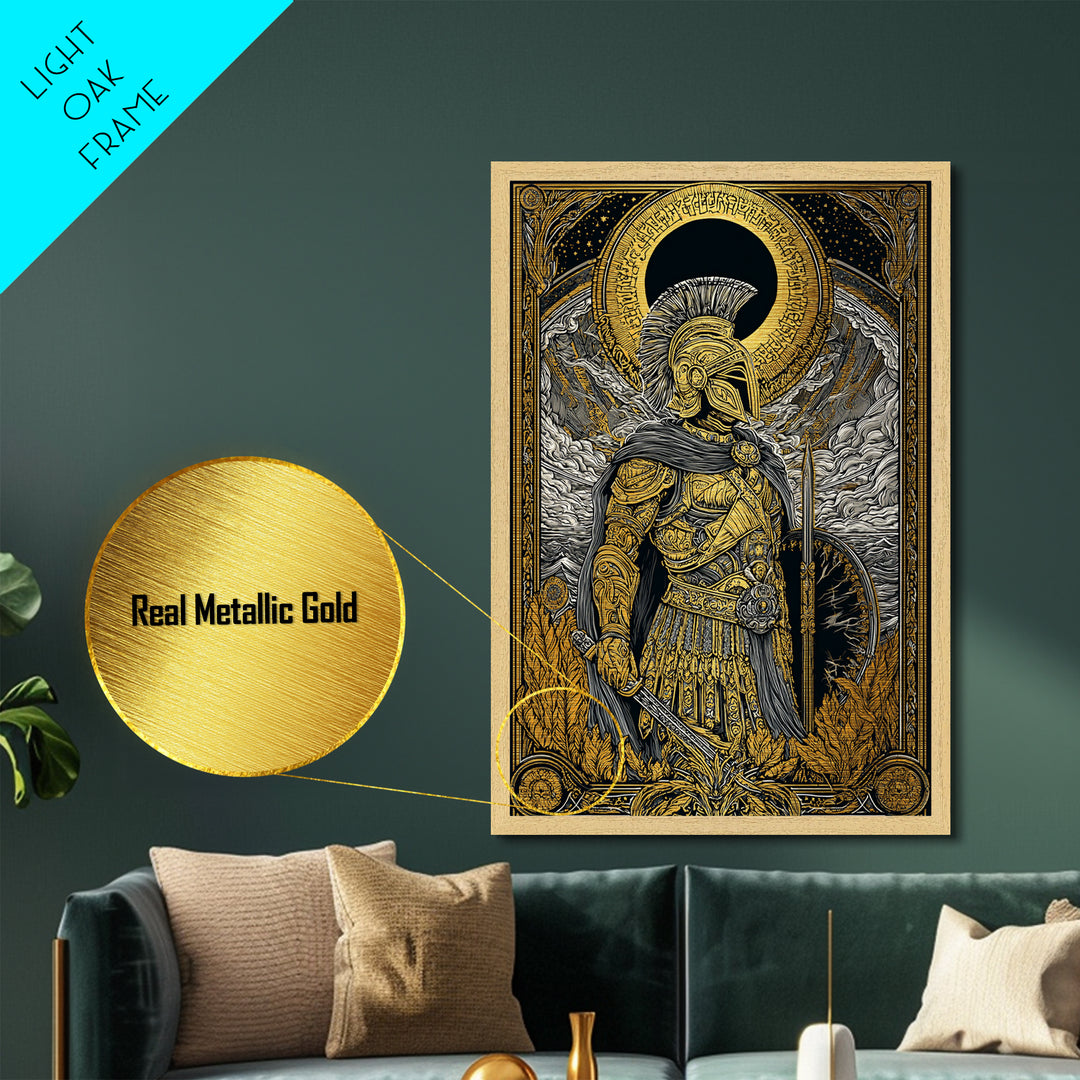 Greek Hoplite Soldier With Shield And Sword, Metallic Gold Art Print, Mythology Inspired Wall Decor, Real Wood Frame Design