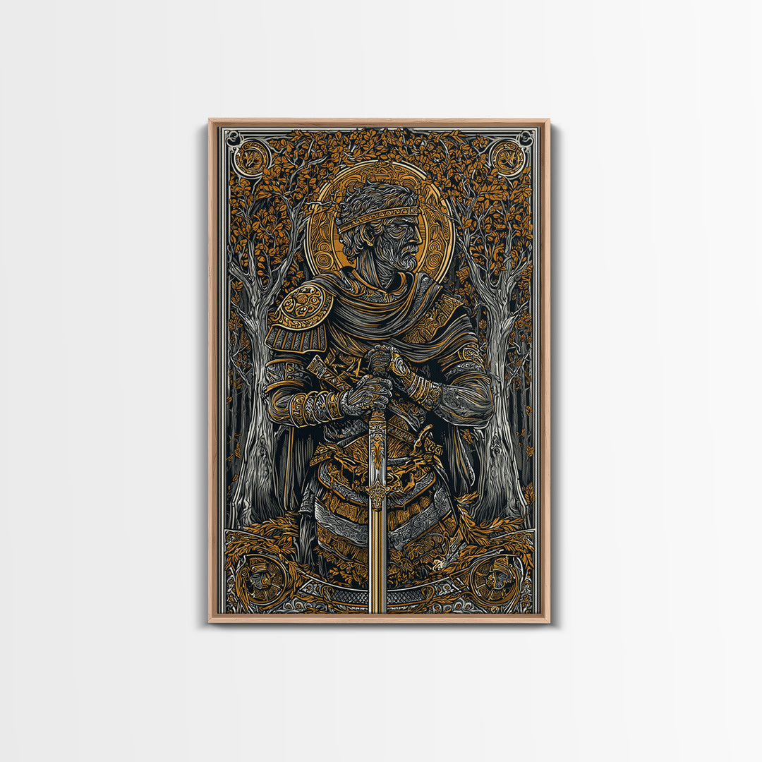 King With Sword In Ornate Armor, Canvas Gold Canvas Print, Medieval Mythology Warrior Wall Art, Real Wood Frame Decoration