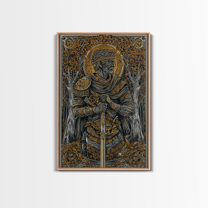King With Sword In Ornate Armor, Canvas Gold Canvas Print, Medieval Mythology Warrior Wall Art, Real Wood Frame Decoration