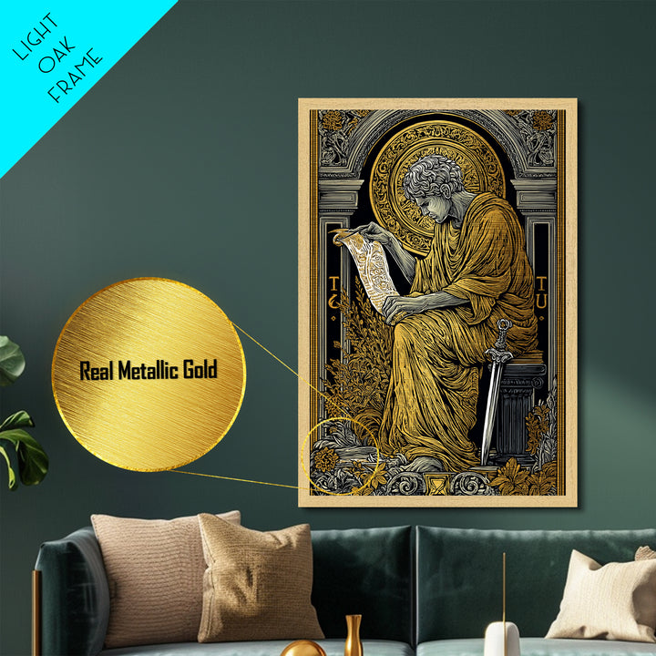 Scholar Reading Ancient Scroll, Metallic Gold Art Print, Roman Inspired Decorative Wall Art, Mythology Style, Real Wood Frame